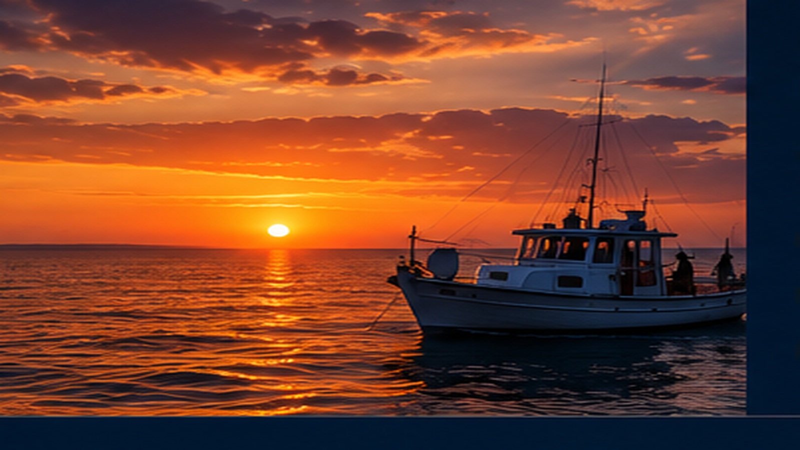 Sunset fishing trip boat at sea